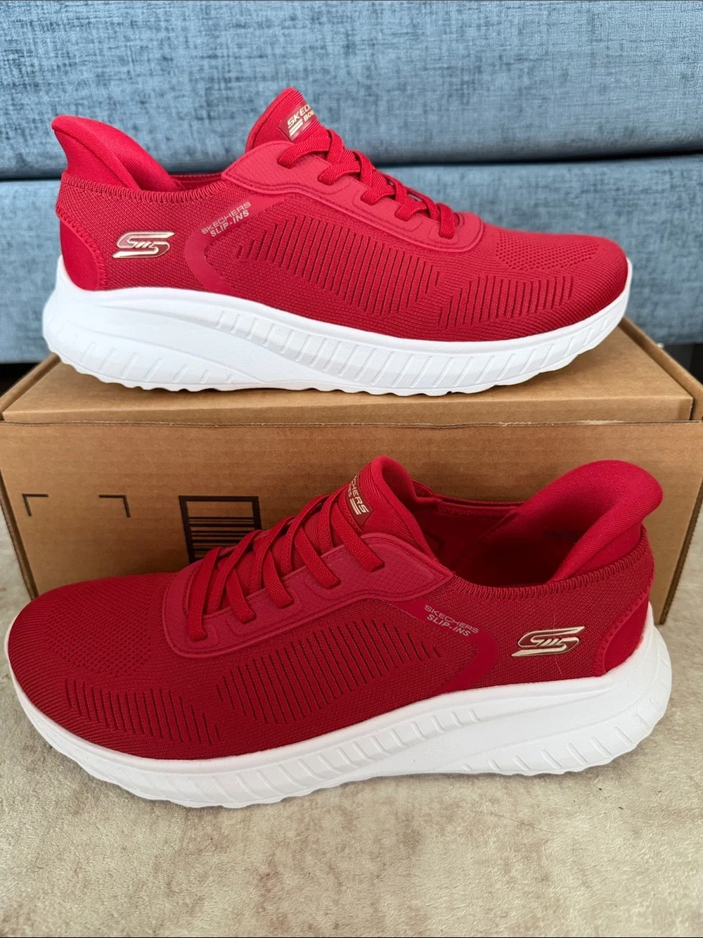 Skechers Women's Squad Chaos Red Knit Lace-Up Sneakers